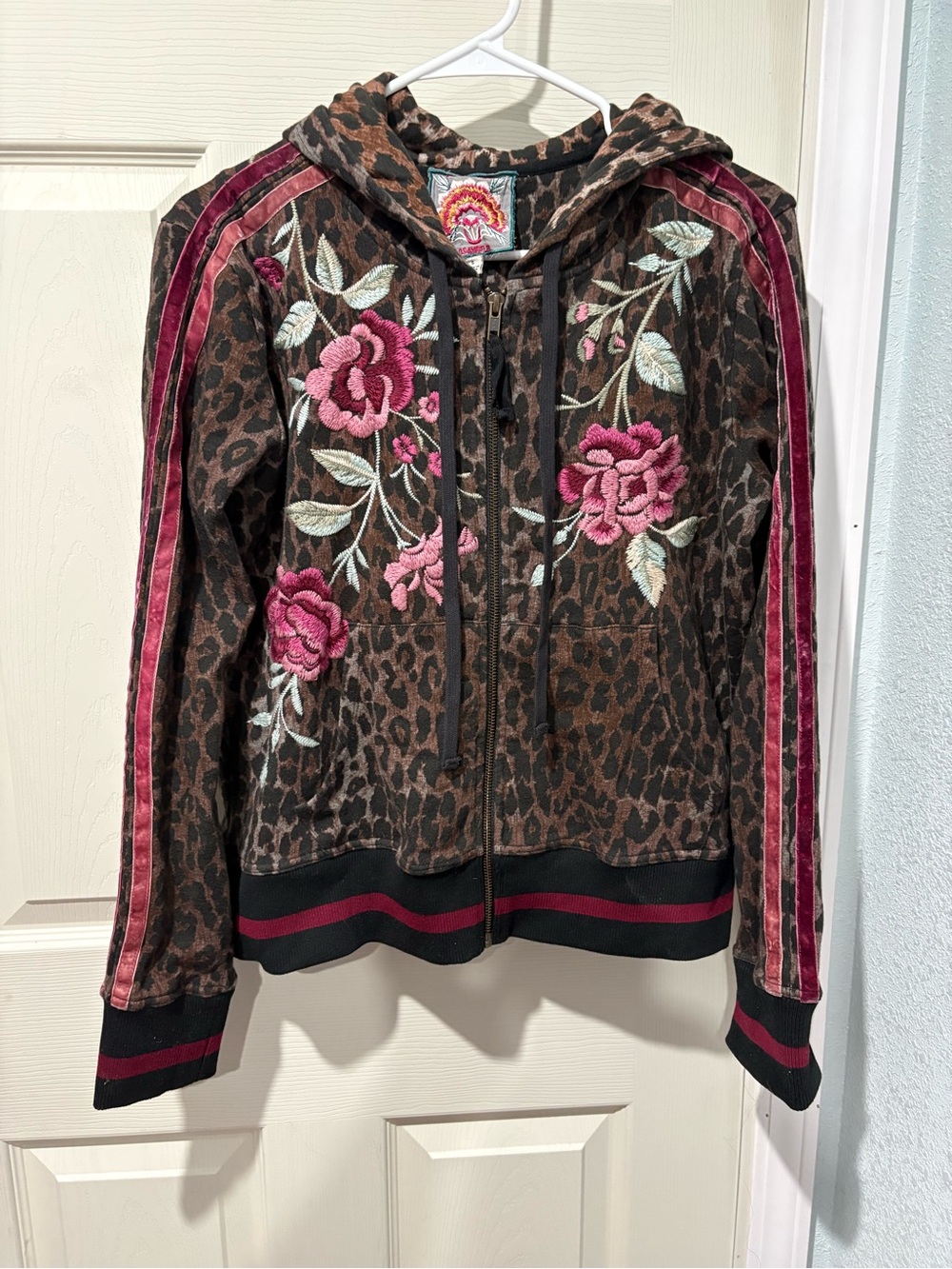 Johnny Was Brown Erin Athletic Zip Up Hoodie with Leopard Pink Rose Embroidery